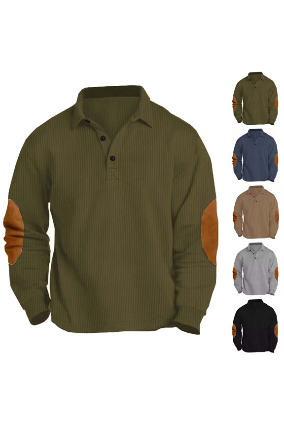 Men's Polos Shirts Casual Corduroy Golf Shirts Elbow Patch Long Sleeve Button Up T-Shirts Outdoor Sport Loose Fit Work Shirt Sales Today,Navy,S