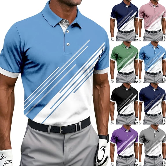 UVEASISHA Men's Polos Shirts Short Sleeve Button Collar Golf Tshirts Fashion Geometric Printed Tennis Shirt Business Casual Pullover Tees Blue XXX