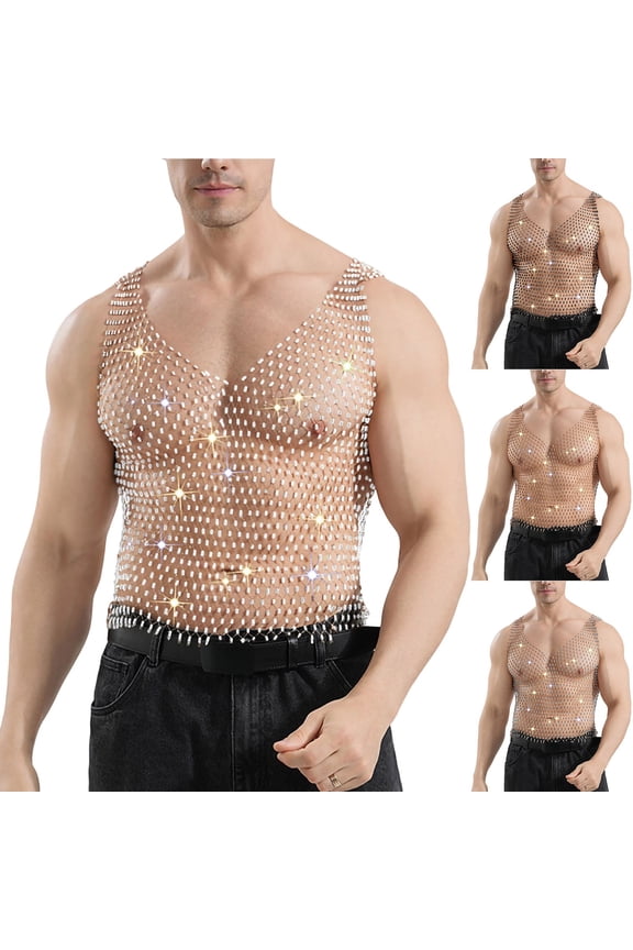 Men's Rhinestones Tank Top Sparkle Fishnet Tank Top Mesh Square Neck Sleeveless Vest Shirts Rave Festival Sheer Tanks Tops White L