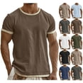 thumbnail image 1 of UVEASISHA Men's Ringer Tshirt Summer Short Sleeve Linen Beach Shirts Loose Fit Casual Crewneck Pullover Solid Color Vacation Tee Top Blue S, 1 of 6