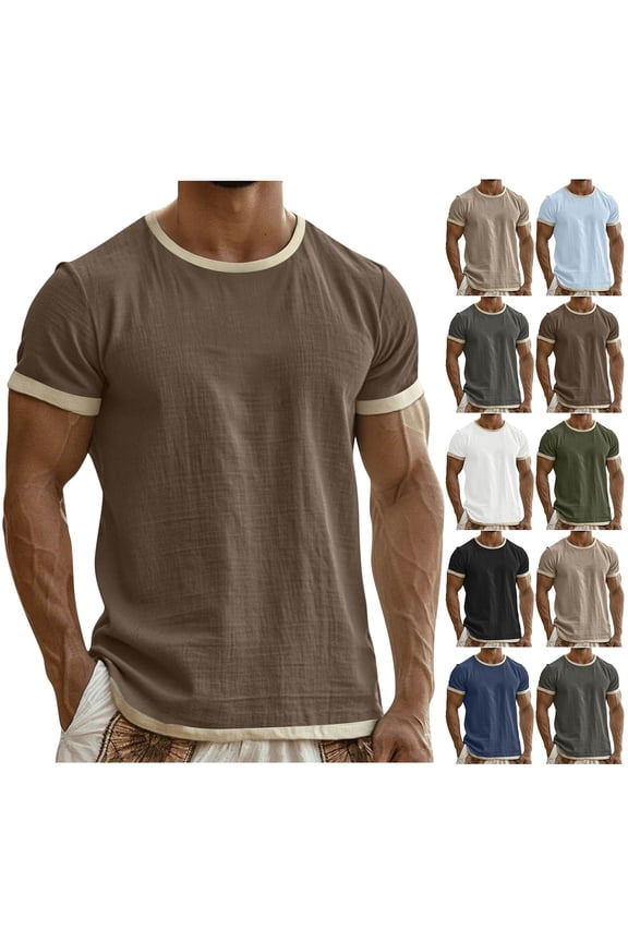 Men's Ringer Tshirt Summer Short Sleeve Linen Beach Shirts Loose Fit Casual Crewneck Pullover Solid Color Vacation Tee Top Dark Blue S