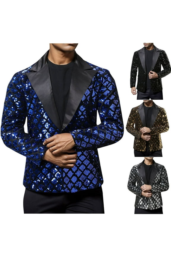 Men's Sequin Tuxedo Jacket 2025 Fashion Slim Fit Cocktail Party Blazer Jackets Sparkly Single Breasted Lapel Suit Jacket for Prom Dinner Sales Today Clearance,Black,M