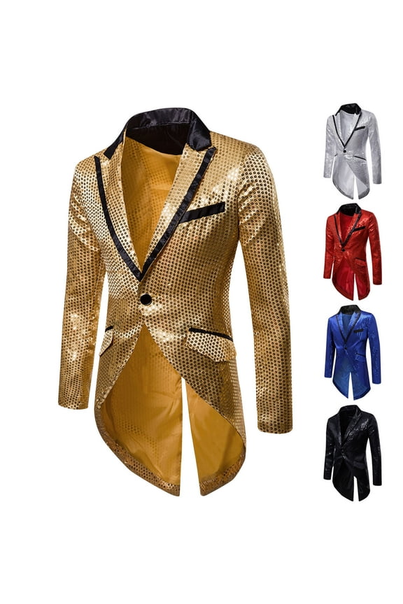 Men's Sequin Tuxedo Jacket Tails Slim Fit Tailcoat Party Jackets Sparkly Swallowtail Dinner Blazers Shiny Prom Blazer Suit Jackets,Gold,S