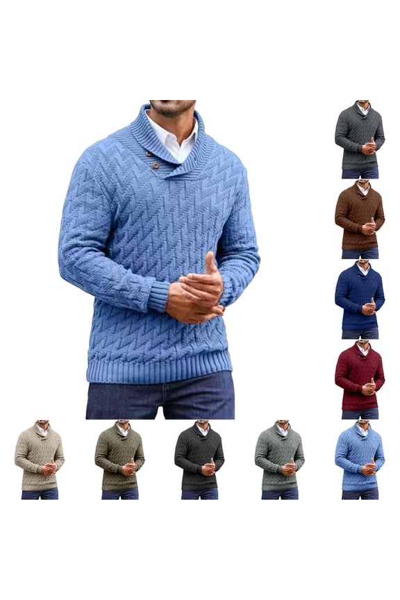 Men's Shawl Collar Pullover Sweater Casual Button Cable Knit Sweaters Mock Neck Long Sleeve Knitted Jumper Fall Fashin Clothes Brown S