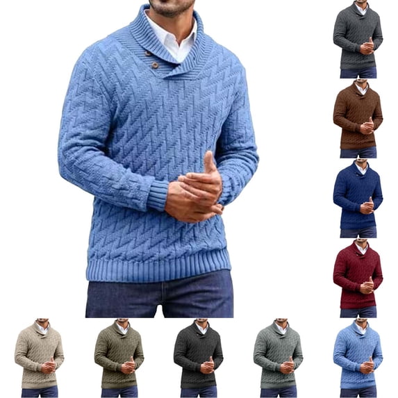 UVEASISHA Men's Shawl Collar Pullover Sweater Casual Button Cable Knit Sweaters Mock Neck Long Sleeve Knitted Jumper Fall Fashin Clothes Wine 3XL
