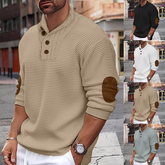 UVEASISHA Men's Shawl Collar Pullover Sweater Regular Fit Casual Button Mock Neck Knit Sweaters Knitted Soft Long Sleeve Winter Sweatshirt with Elbow Patches Sales Today Black M