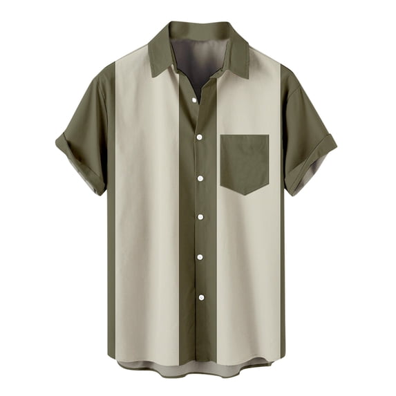 UVEASISHA Men's Short Sleeve Button Down Bowling Shirts Big and Tall Casual Color Block Printed Beach Hawaiian Shirt Summer Regular Fit Top with Pockets 2024 Khaki XXXL