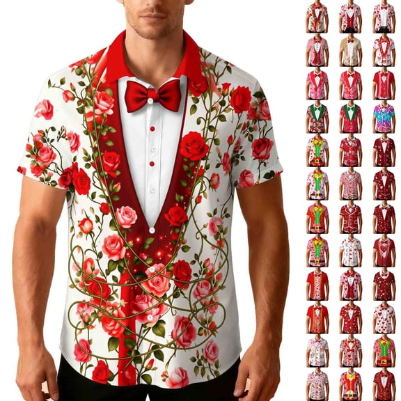 UVEASISHA Men's Short Sleeve Button Down Shirts Valentines Day Funny Print Hawaiian Shirts Beach Casual Regular Fit Shirt Holiday Gifts for Men Pink#10 3XL
