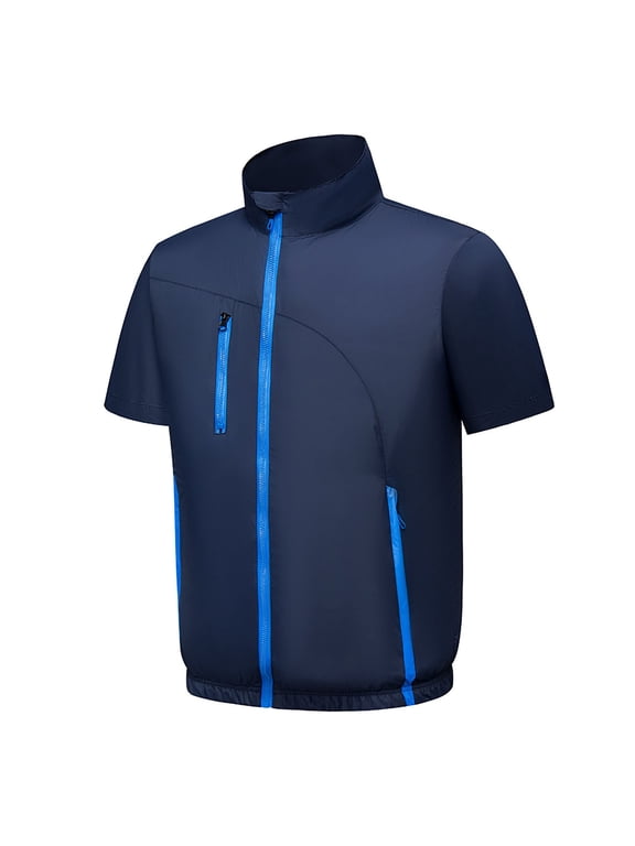 Men's Short Sleeve Golf Jacket Lightweight Full Zip Stand Collar Windbreaker Contrast Zipper Pockets Active Outdoor Tops Blue M