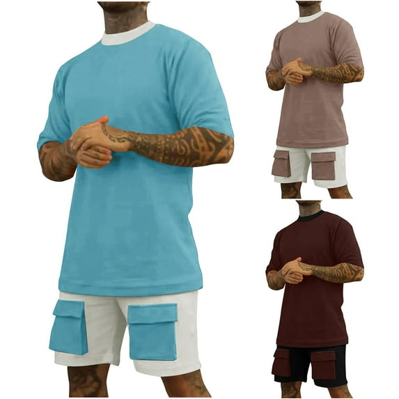 UVEASISHA Men's Short Sleeve Tracksuit Summer Two Piece Casual Color Block T Shirt & Shorts Set with 2 Pockets Summer Savings Sky Blue S