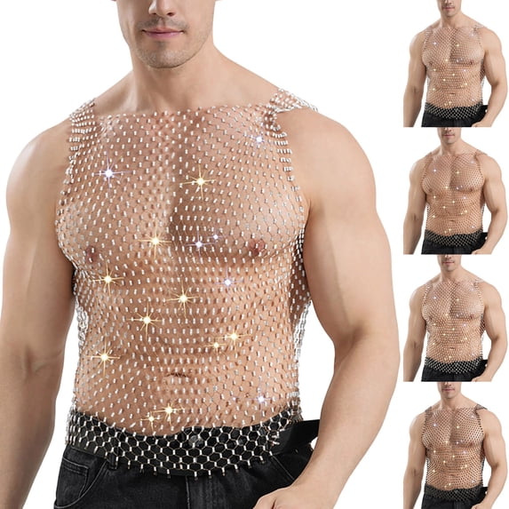 UVEASISHA Men's Sleeveless Party Shirts Sparkly Mesh Rhinestone Tank Tops Sheer See Through Fishnet Shirt for Festival Nightclub Wear White XL