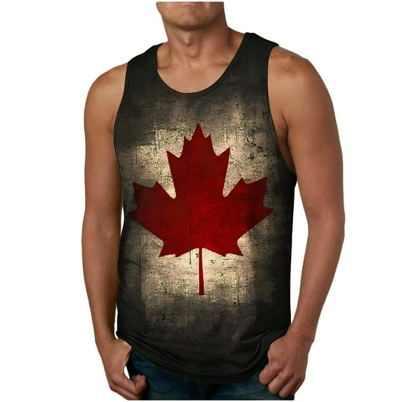UVEASISHA Men's Sleeveless Workout Shirts Crewneck Casual Canada Flag Tank Tops Canadian Maple Leaf Print Athletic Shirt Gym Muscle Tanks Dark Gray S