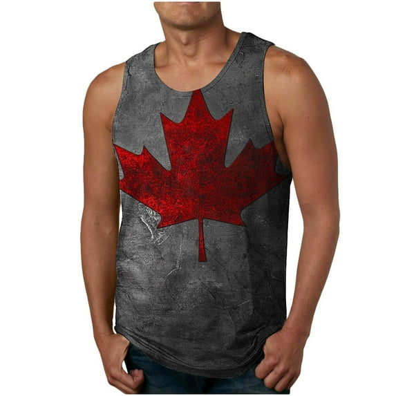 UVEASISHA Men's Sleeveless Workout Shirts Crewneck Casual Canada Flag Tank Tops Canadian Maple Leaf Print Athletic Shirt Gym Muscle Tanks Dark Gray XL