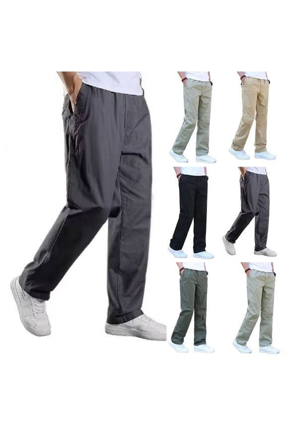 Men's Straight Leg Pants Big and Tall Casual Cargo Pants Summer Relaxed Fit Pull On Trousers Solid Color Work Pants with Pockets Khaki 3XL