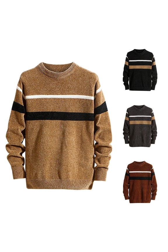 Men's Striped Pullover Sweater Color Block Casual Jumper Sweaters Fall Winter Crewneck Long Sleeve Knitted Tops Khaki M