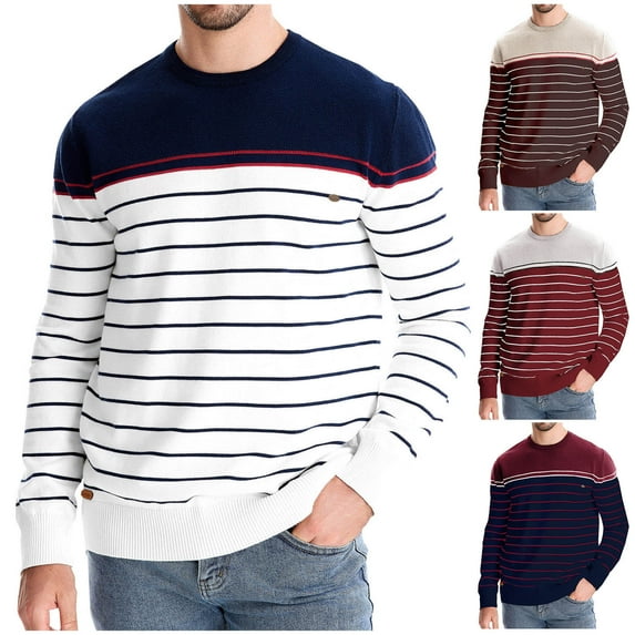 UVEASISHA Men's Striped Sweater Soft Cotton Knitted Pullover Loose Casual Jumper Sweaters Fall Crewneck Long Sleeve Knit Tops Clearance Sale Beige L