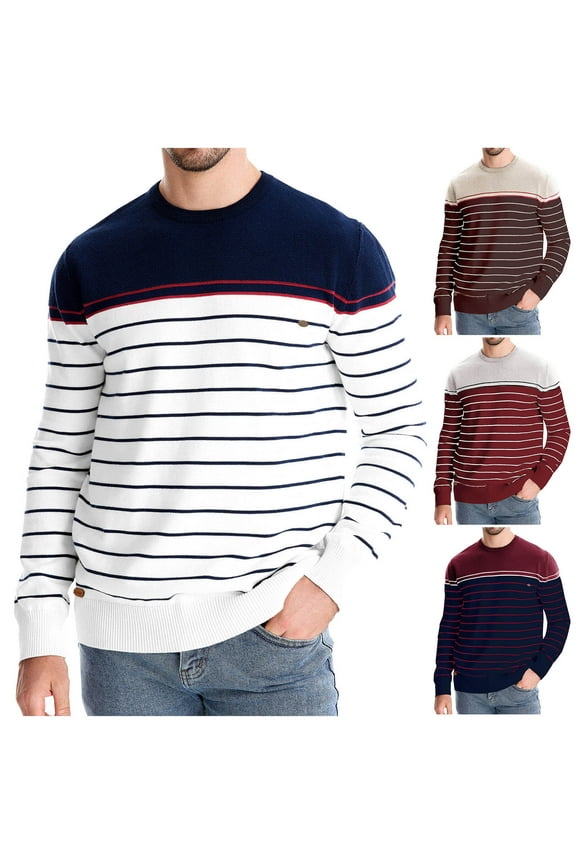 Men's Striped Sweater Soft Cotton Knitted Pullover Loose Casual Jumper Sweaters Fall Crewneck Long Sleeve Knit Tops Lightning Sales of Today Red L