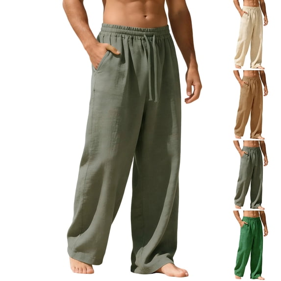 UVEASISHA Men's Summer Pants Solid Color Loose Linen Pants Drawstring Elastic Waist Beach Trousers Lightweight Straight Wide Leg Slacks with Pockets Light Blue L