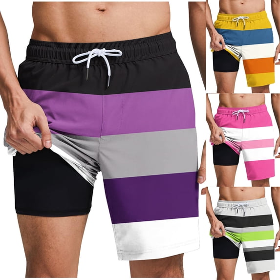 UVEASISHA Men's Swim Trunks with Compression Liner Color Block Stripe 2-In-1 Board Shorts Elastic Drawstring Quick Dry Shorts for Trendy Summer Streetwear Gray XXL