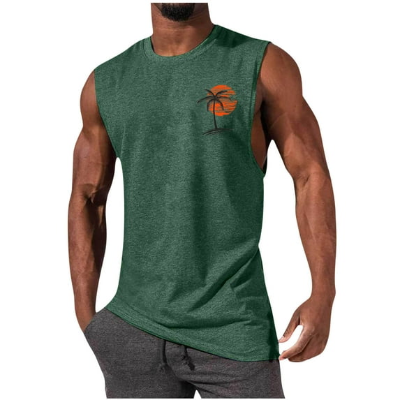 UVEASISHA Men's Tank Tops Palm Tree Graphic Print Muscle Shirts Casual Hawaiian Sleeveless Crewneck Workout Gym Sport T-Shirt Big and Tall 2025 Army Green,XXXL