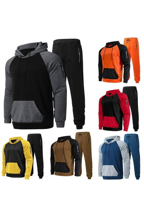 Men's Tracksuit 2 Piece Set,Hoodie Sweatsuits for Men Colorblock Kangaroo Pocket Sweatshirt and Drawstring Pant Sets Casual Jogging Suits with Zip Pockets Clearance Items