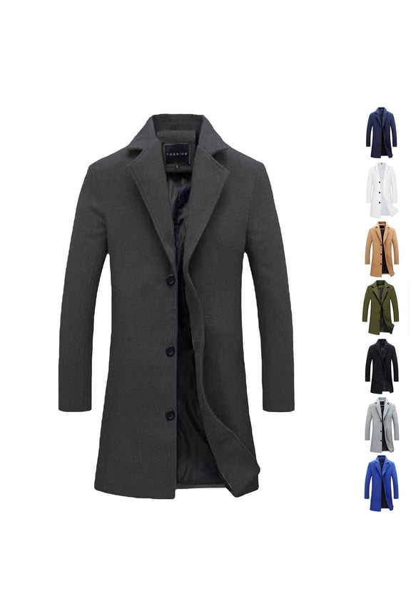 Men's Trench Coat Slim Fit Single Breasted Jackets for Men Big and Tall Casual Long Peacoat Winter Wool Blend Warm Overcoat with Pockets Blue 5XL