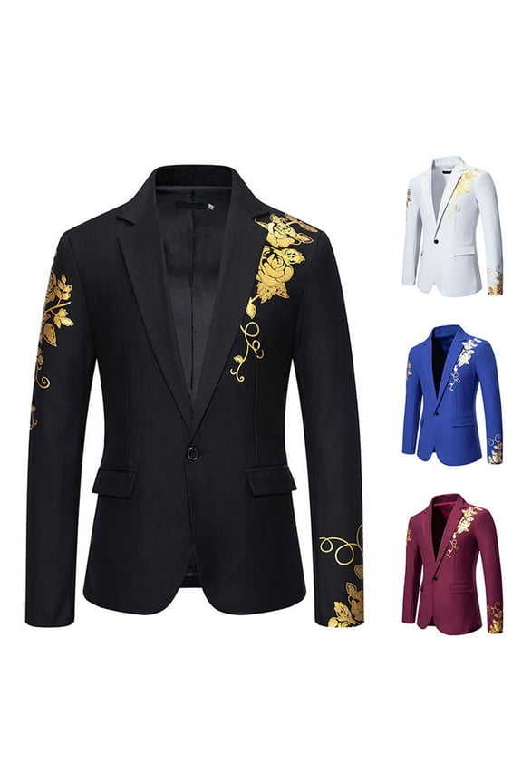 Men's Tuxedo Jacket Gold Sequins Printed One Button Suit Jackets Party Dinner Prom Slim Fit Stylish Blazers Formal Wedding Suits Black 2XL