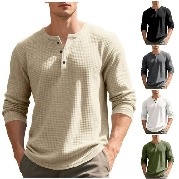 UVEASISHA Men's Waffle Knit Henley Shirt 3 Button Up Casual Collarless T-Shirts Solid Color Regular Fit Office Work Shirts Fashion Pullover Tops Dark Gray 3XL