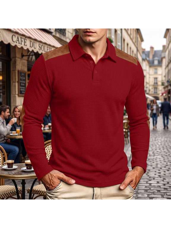 UVEASISHA Men's Waffle Knit Polos Shirt Elbow Patches Long Sleeve T Shirts Casual Business Office T-Shirts XXXL
