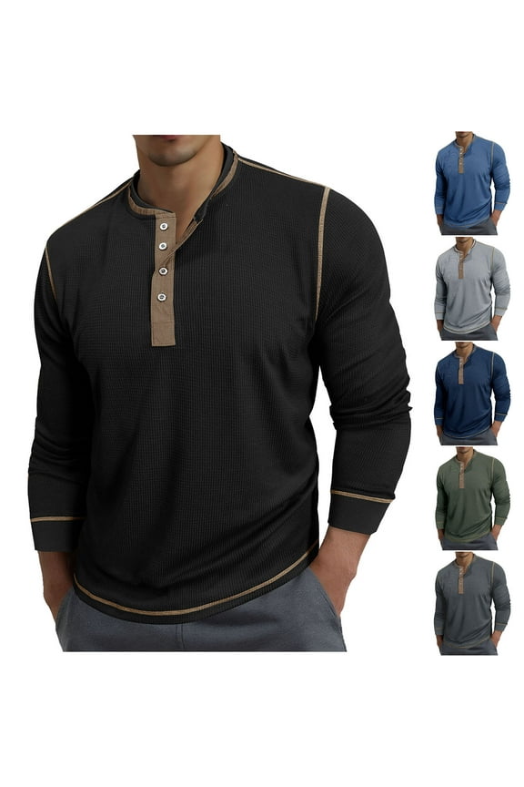 Men's Waffle Knit Shirts Vintage Long Sleeve Button Up T-Shirt Lightweight Casual Business Work Tees Solid Color Pullover Tops Army Green XL