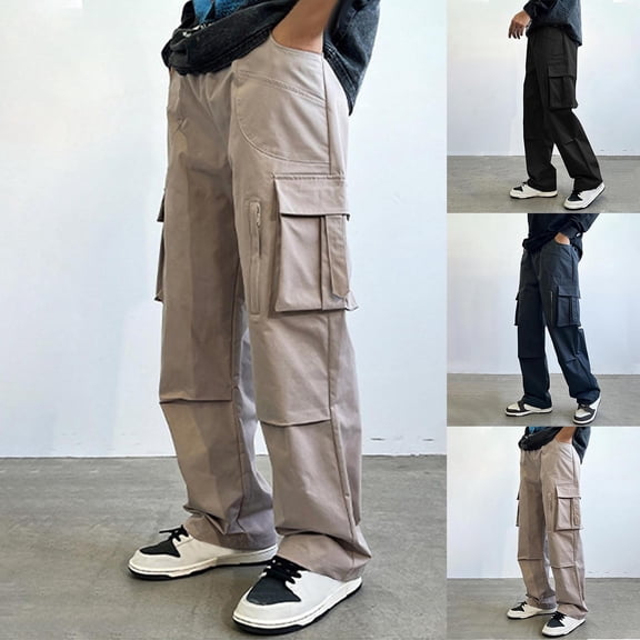 UVEASISHA Men's Wide Leg Cargo Pants Baggy Casual Elastic Waist Work Pants Loose Fit Straight Leg Hiking Pants with Multi-Pockets Black M
