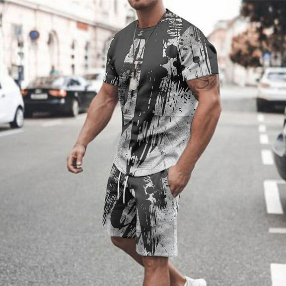 UVEASISHA Men's Workout Sets,Mens Two Piece Tracksuit Short Set T-Shirt and Shorts Summer Outfits Casual Printed Sportwear 2 Piece Outfits with Pockets Clearance Sales