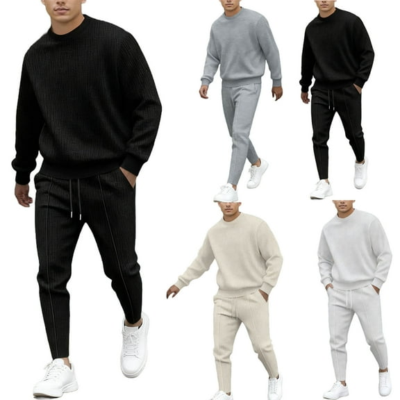 UVEASISHA Mens 2 Piece Waffle Knit Set Long Sleeve Pullover Sweatshirt and Drawstring Jogger Pants Sweatsuits Casual Fall Outfits with Pockets White XXL