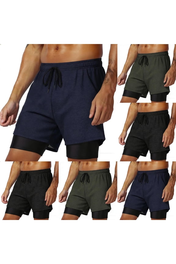 UVEASISHA Mens 2 in 1 Workout Shorts Breathable Quick Dry Gym Shorts Drawstring Waist Compression Liner Athletic Training Clothes Dark Blue L