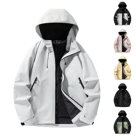 UVEASISHA Mens 3 in 1 Rain Jackets Outdoor Waterproof Ski Coats Removable Fleece Lined Windbreaker Hooded Jacket with Zipper Pockets White M