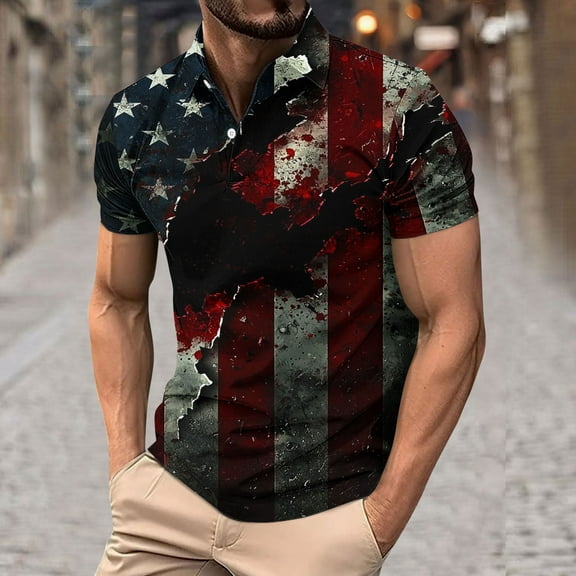 UVEASISHA Mens American Flag Polos Shirt 4th of July Golf Shirts for Men Big and Tall Casual Button Collared T-Shirt Memorial Day Distressed Patriotic Tee Black-1 XXL