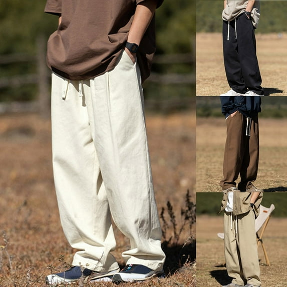 UVEASISHA Mens Baggy Casual Pants Drawstring Elastic Waist Cargo Pants Lightweight Athletic Fit Trousers Vintage Hippie Streetwear Pants with Pockets Back to College Sale