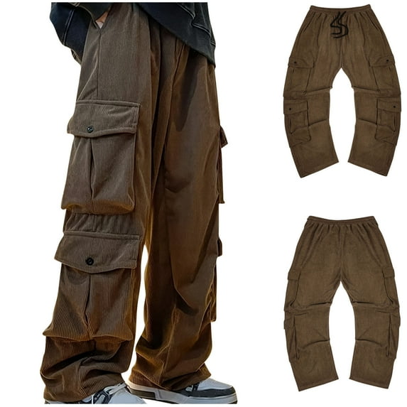 UVEASISHA Mens Baggy Corduroy Cargo Pants Loose Fit Casual Multiple Pockets Pants Elastic Waist Drawstring Work Pants Straight Wide Leg Pants Today Sales Brown XXL