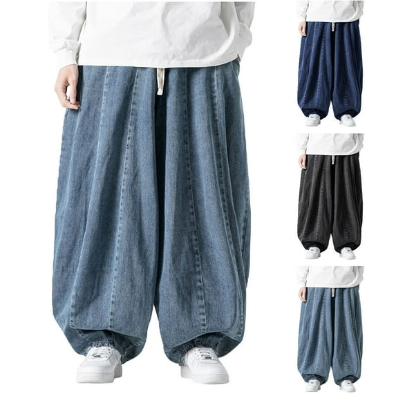 UVEASISHA Mens Baggy Denim Pants Big and Tall Casual Wide Leg Cargo Pants Vintage Loose Hip Hop Jeans Solid Casual Streetwear Trousers with Pockets Summer Sale Black XL