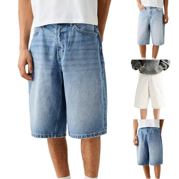 UVEASISHA Mens Baggy Jean Shorts Summer Casual Loose Wide Leg Denim Shorts Zipper Knee Length Fashion Hip Hop Shorts with Pockets for Streetwear Light Blue S