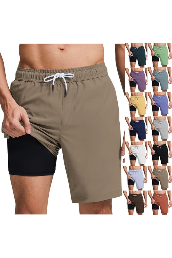 Mens Bathing Suit Swim Trunks 2 in 1 Quick Dry Liner Board Shorts Drawstring Elastic Waist Beach Shorts Lightweight Swimwear Short Pants with Pockets Black S