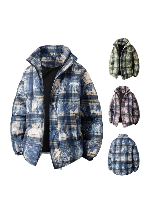 Mens Big and Tall Down Jackets Vintage Tie Dye Plaid Print Winter Coats Full Zip Stand Collar Puffer Jacket Windproof Insulated Padded Coat with Pockets Pink XL