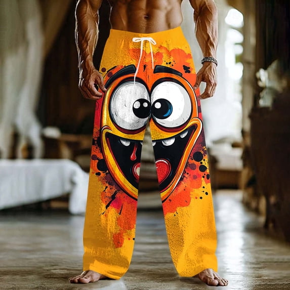 UVEASISHA Mens Big and Tall Linen Pants Funny Printed Beach Vacation Slacks Drawstring Elastic Waist Loose Straight Leg Trousers with Pockets Multicolor 5XL