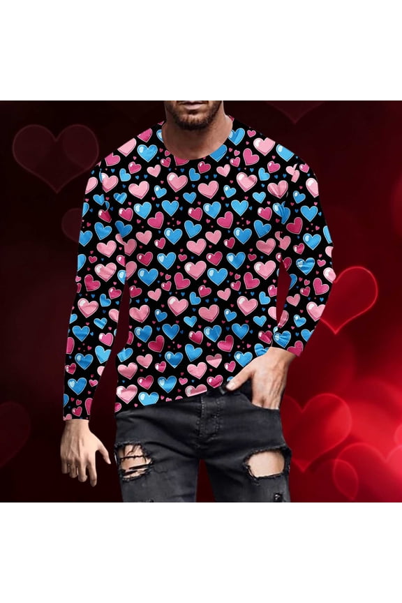 Mens Big and Tall Long Sleeve Tshirt Valentine's Day Gifts for Men Crew Neck Casual Heart Printed Graphic Tees Lightweight Slim Fit Workout Shirts Sky Blue 3XL