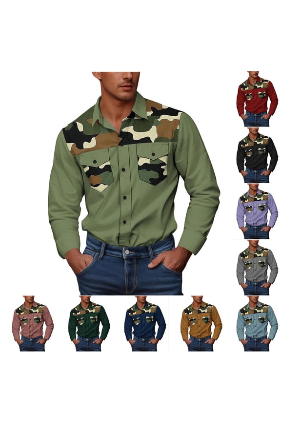 Mens Big and Tall Button Down Shirts Long Sleeve Camo Patchwork Work Shirt Colorblock Vintage Cowboy Shirts with Pockets Wine 4XL