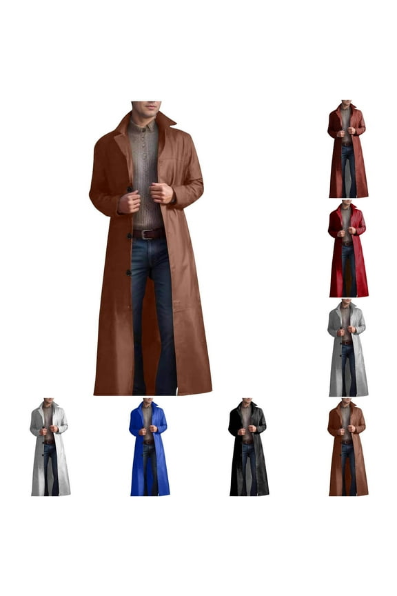 Mens Big and Tall Leather Trench Coat Full Length Casual Faux PU Peacoats Fall Winter Fashion Windproof Jackets with Pockets Brown 4XL