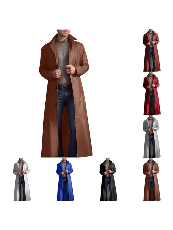 Mens Big and Tall Leather Trench Coat Full Length Casual Faux PU Peacoats Fall Winter Fashion Windproof Jackets with Pockets Brown 5XL