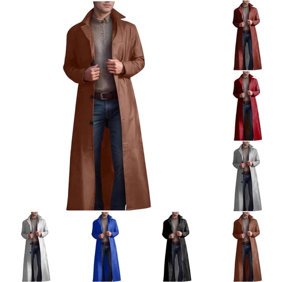 UVEASISHA Mens Big and Tall Leather Trench Coat Full Length Casual Faux PU Peacoats Fall Winter Fashion Windproof Jackets with Pockets Wine M