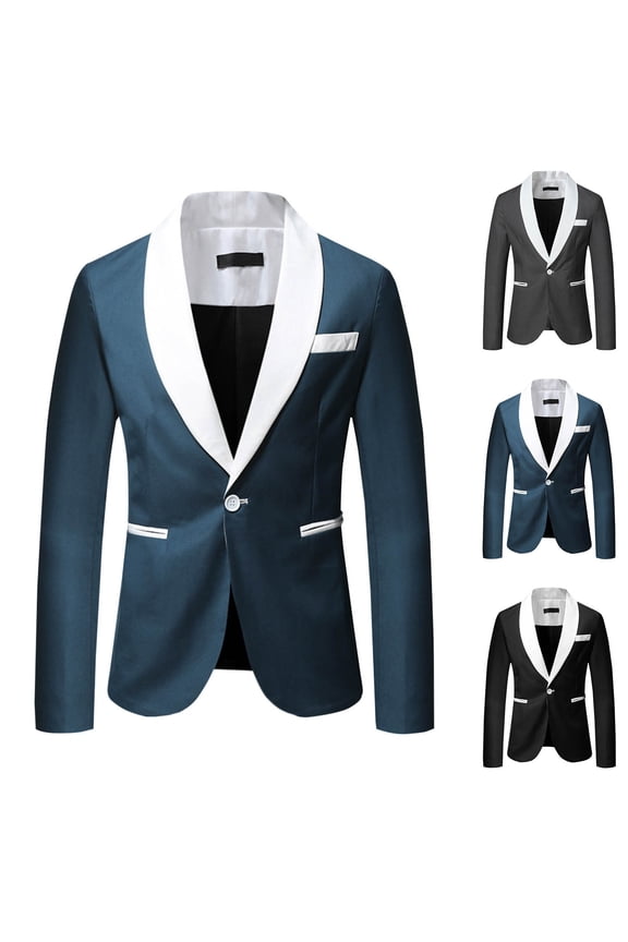 Mens Blazer Slim Fit Casual Business Formal Suit Jackets Contrast Collar Stylish Office Jacket One Button Formal Suits with Pockets Limited Time Deal,Blue,2XL