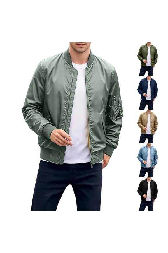Mens Bomber Jacket Ribbed Collar Casual Cropped Jackets Wrinkle Free Lightweight Windbreakers Solid Color Stylish Baseball Jacket with Pockets Green L